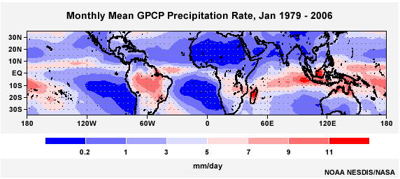 GPCP monthly mean precipitation rate (mm day-1) for 1979-2006