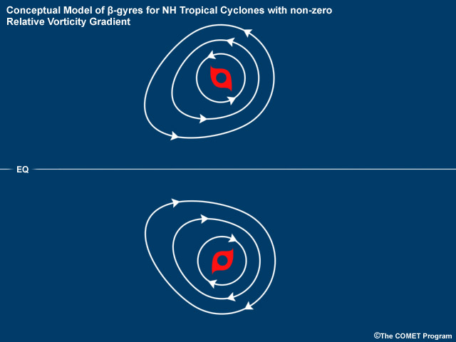 Schematic of the asymmetric (NH and SH) tropical cyclone calculated by summing the symmetric vortex and the β-gyres.