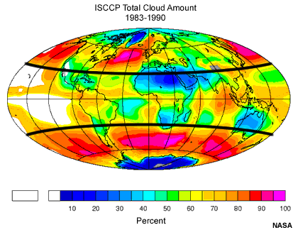 Total fractional cloud cover (%) annual averaged from 1983-1990, from ISCCP