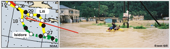 (a) Tracks of Tropical Storms Isidore and Lili (2002), (b) flooding in Maggotty, southwestern Jamaica, 30 Sep 2002. 