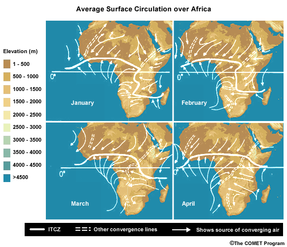 Monthly mean surface circulation over Africa, Jan-Apr