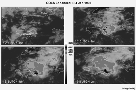 Enhanced satellite IR images of deep convection associated with heavy rainfall and flash floods in Jamaica, 4 Jan 1998