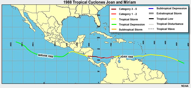 Track of Atlantic Hurricane Joan which became Tropical Storm Miriam in the Pacific