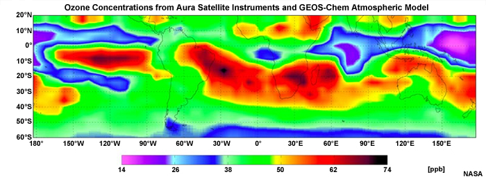 Ozone concentrations (parts per billion) calculated from Aura satellite data and the GEOS-Chem atmospheric model