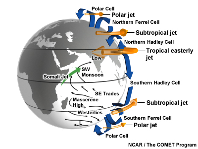 Schematic of the major circulations of the Indian Ocean, the planetary Hadley cell, the tropical easterly jet, and the Asian summer monsoon. 