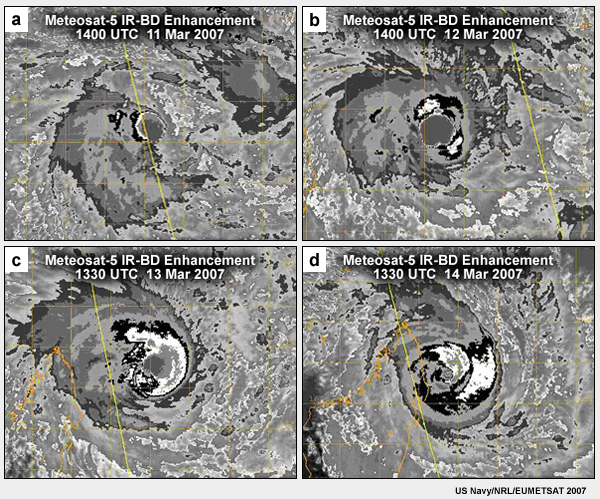 IR-BD enhanced images of Tropical Cyclone Indlala (2001) with central pressure of (a) 994 hPa, (b) 984 hPa, (c) 967 hPa, and (d) 927 hPa. 