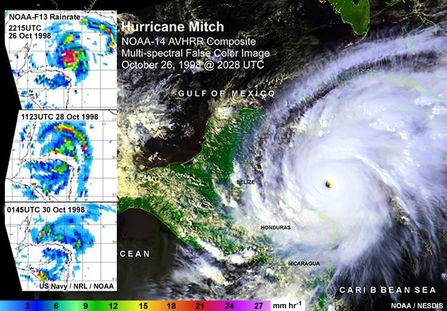 False color sat image of Hurricane Mitch 26 Oct 1998, at peak intensity of 80 meters per second, and satellite-derived rainrates (NOAA-F13 microwave instrument), 26-30 October 1998