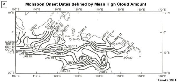 Monsoon onset dates defined by the threshold value of more than 30% of the mean high cloud amount for the monsoon season. Regions A and B had onset prior to 15 December and 26 December, respectively. 