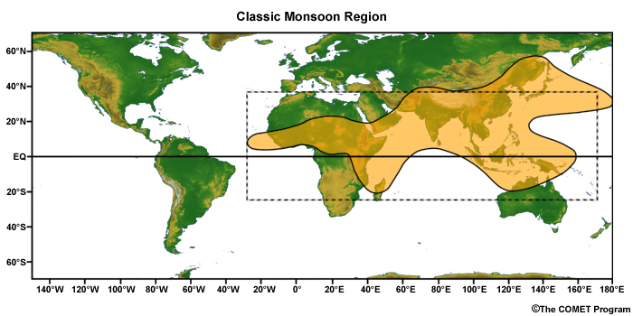 The monsoon regions as defined by Ramage (1971). 