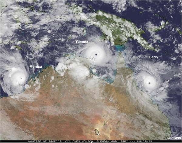 A satellite montage of severe tropical cyclones Glenda, Monica and Larry. 