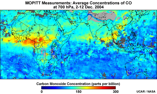 MOPITT Measurements: Average concentrations of CO at 700 hPa, 2-12 Dec 2004