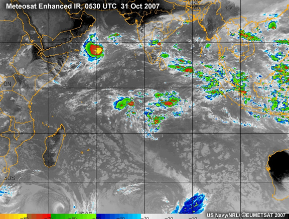Enhanced IR image at 0600 UTC 11 Nov 2007 of NH and SH twin tropical cyclones, indicative of equatorial Rossby wave genesis
