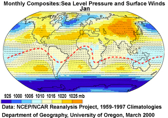 sea level pressure and surface wind for January 