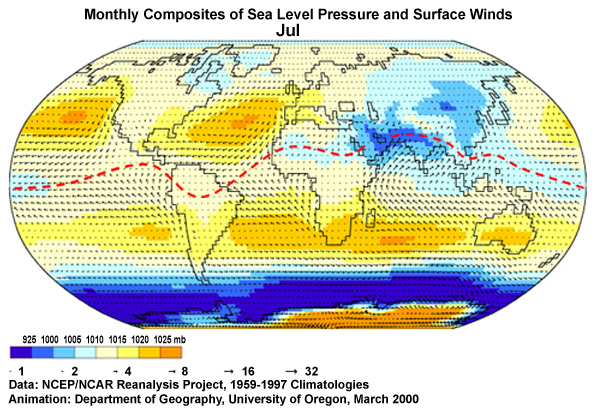 Mean sea level pressure, Surface Wind Vectors, and ITCZ position, July