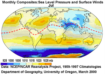 sea level pressure and surface wind for July