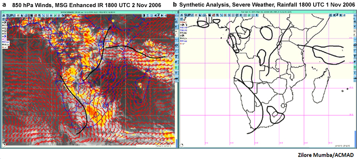 ARPEGE model analysis of 850 hPa winds and enhanced satellite IR image