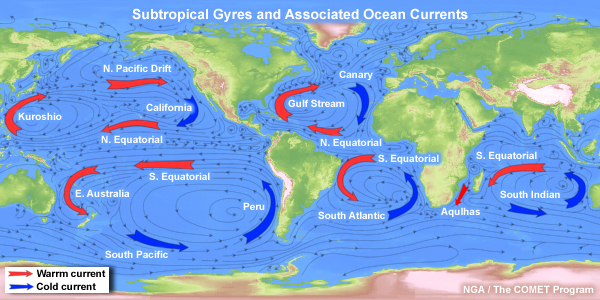 Global upper ocean circulations and subtropical gyres; red marks the warm ocean currents and blue marks the cool ocean currents.