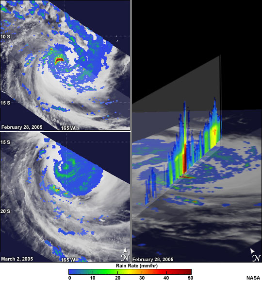 TRMM PR images of Tropical Cyclone Percy including reflectivity cross-section showing towering (chimney) cumulonimbus cloud in the eyewall