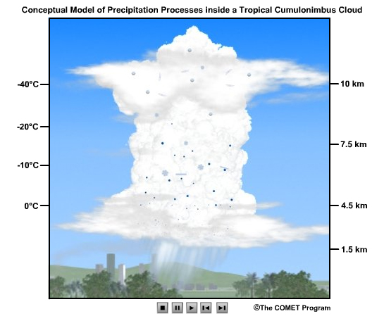Animation of precipitation processes in a cumulonimbus over land