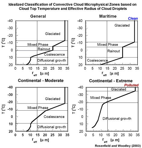 Idealized classification of convective clouds into microphysical zones according to the relationship of cloud top temperature (T) and effective radius, reff, of cloud droplets