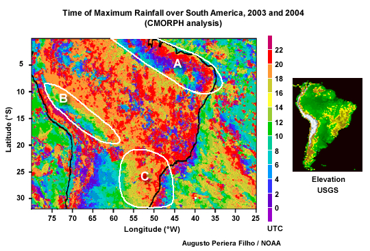 Time of maximum precipitation over South America, 2003-2004