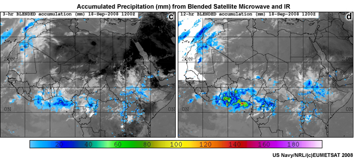 Accumulated precipitation estimates from blended satellite microwave and IR measurements, (c) 3-hr accumulation (d) 12-hr accumulation