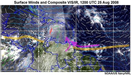 Surface winds and visible satellite image at 1200 UTC 25 Aug 2008