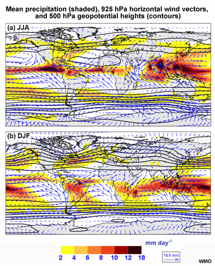 Seasonal mean precipitation (shaded, 925 hPa horizontal wind vectors, and 500 hPa geopotential heights (contoured every 10 dam) for (a) Jun-Aug and (b) Dec-Feb. Precipitation data from Xie and Arkin (1997) for the period 1979-1999; wind and geopotential height data from ERA-40 for the period 1962-2001.