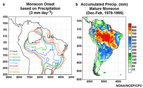 (left) Mean South American Monsoon onset date based on occurrence of 3 mm/day of rainfall and (right) the accumulated gauge precipitation (mm) for the mature monsoon (December - February, 1979-1995)