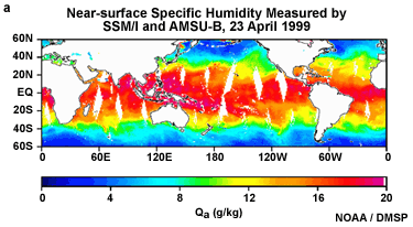 Near surface specific humidity measured by SSMI and AMSU, 23 April 1999