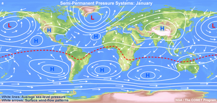 World map marked with ocean currents and winds moving around semi-permanent high-pressure cells typical for the month of January