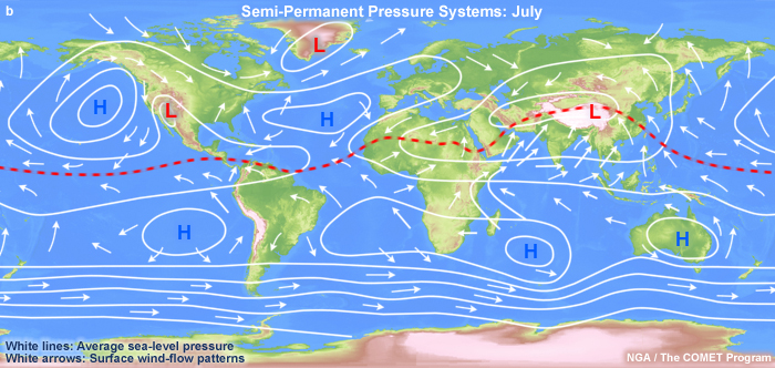 World map marked with ocean currents and winds moving around semi-permanent high-pressure cells typical for the month of July. 