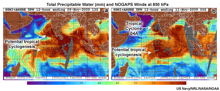 Total precipitable water (TPW) 12-hour accumulation and 850 hPa Winds (a)1200 UTC 9 Nov and (b) 1200 UTC 11 Nov. 2009