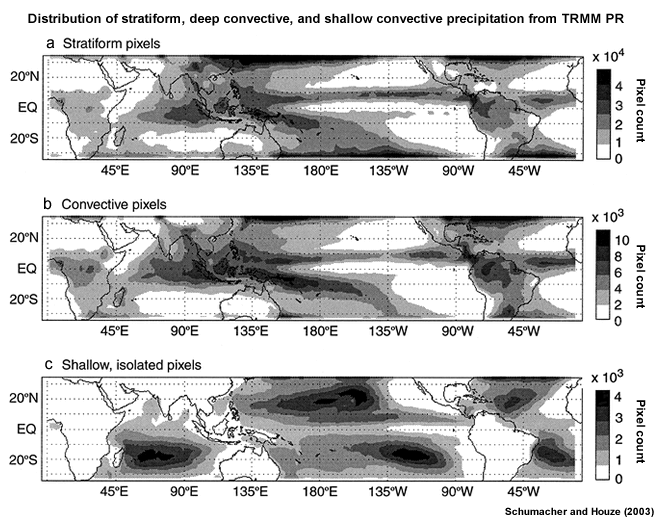 Distribution of stratiform, deep convective, and shallow convective tropical precipitation