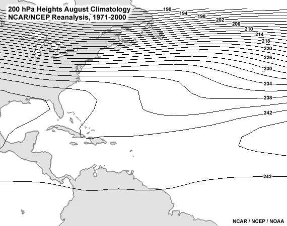  Mean 200 hPa heights for August 1971-2000 (from NCEP/NCAR Reanalysis). A blue, dashed line marks the TUTT.