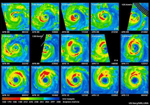 Eyewall replacement cycle in Typhoon Sudal in the West Pacific, seen in SSM/I 85 GHz H-Polarized image from 8-13 April 2004 (image courtesy of Dr. Jeff Hawkins, NRL Monterey). 