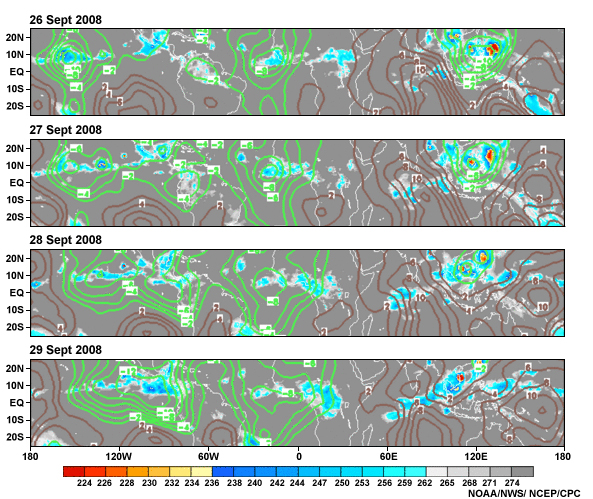 Daily 200 hPa velocity potential anomalies (base period 1971-2000) and enhanced satellite IR