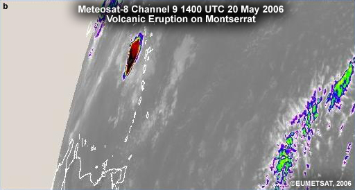 Explosive eruption of Soufriere Hills Volcano, Montserrat (Caribbean) observed by Meteosat 8, 1400 UTC 20 May 2006