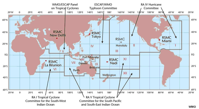WMO Regions and Institutions with Tropical Cyclone forecasting responsibility