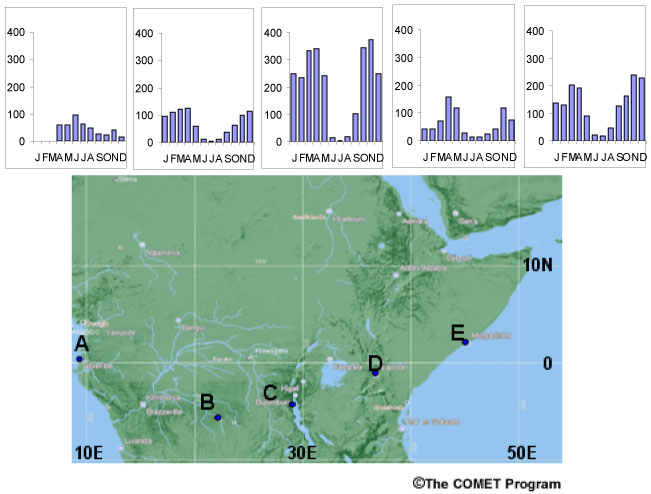 Monthly Mean Precipitation graphs and Stations in Central Africa