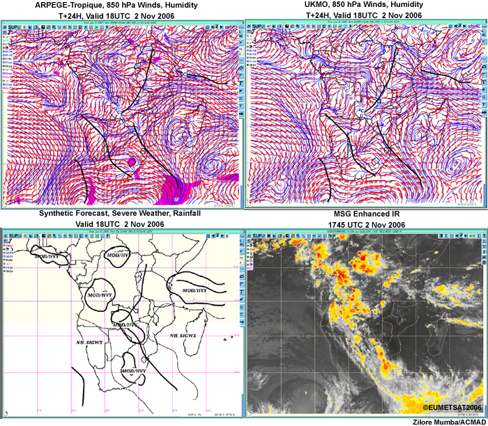 forecasts of 850 hPa winds and humidity; synthetic forecast (valid at 1800 UTC 2 Nov 2006) with convergence zones, moderate to heavy precipitation and significant weather