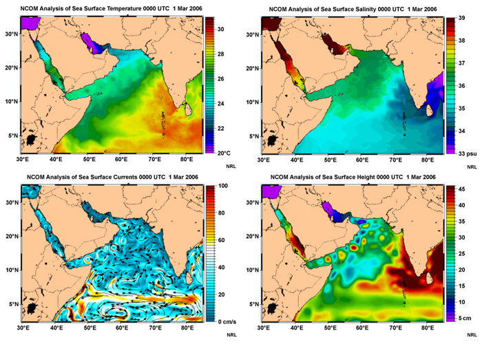 Analysis of temperature, salinity, currents, and sea height produced NCOM