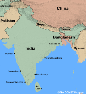 Physical geography of the North Indian Ocean showing the location of Bangladesh in a delta region surrounded by high terrain.