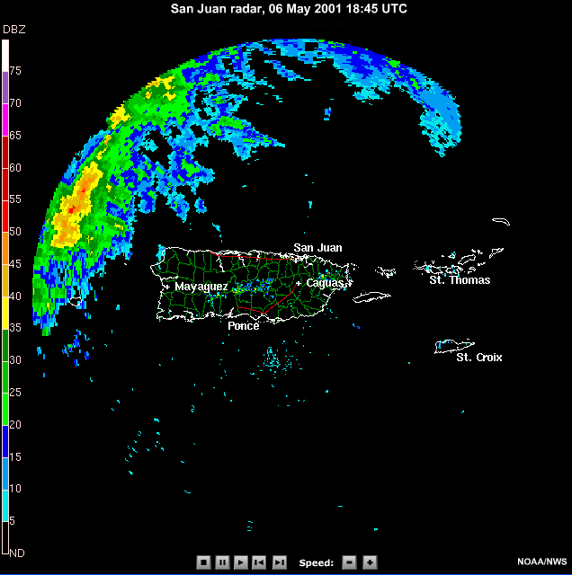 Radar reflectivity at 1845UTC on 6 May 2001 from San Juan NWS Doppler Radar. 