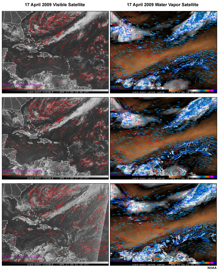 Sequence of visible satellite images (left) and concurrent water vapor imagery