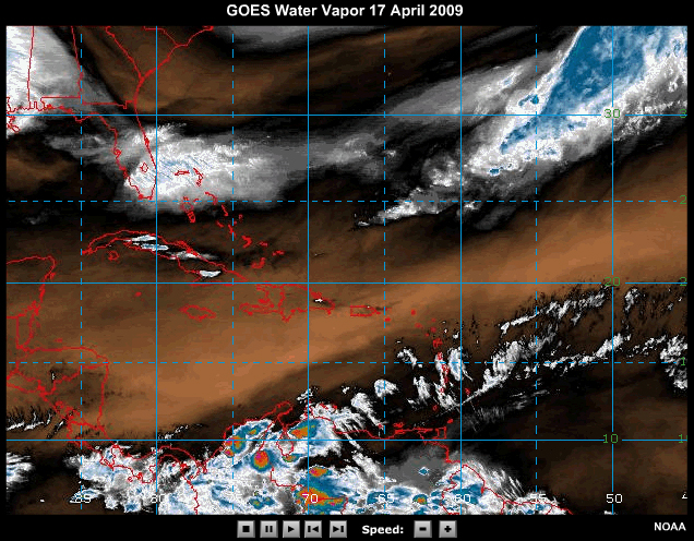 Sequence of visible satellite images (a, c, e) and concurrent water vapor imagery (b, d, f) with cloud motion winds on 17 April 2009