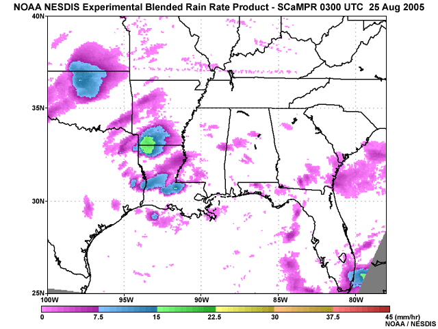 NOAA NESDIS Experimental Blended Rain rate product- SCamPR 0300UTC 25 Aug 2005